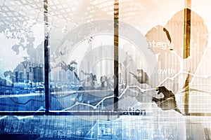 Business abstract background double exposure graph, chart and diagram. World wide map and. Global business and financial trading