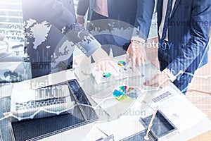 Business abstract background double exposure graph, chart and diagram. World wide map and. Global business and financial trading