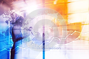 Business abstract background double exposure graph, chart and diagram. World wide map and. Global business and financial trading