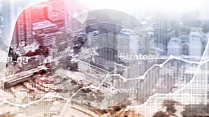 Business abstract background double exposure graph, chart and diagram. World wide map and. Global business and financial trading