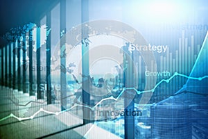 Business abstract background double exposure graph, chart and diagram. World wide map and. Global business and financial trading c