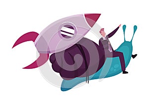 Business Acceleration Concept. Businessman Riding Flying Snail with Rocket Turbine. Start Up Project, Career Boost