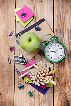 Business accessories, supplies, mug with pencils on rustic wooden table