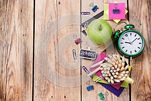 Business accessories, supplies, mug with pencils on rustic wooden table