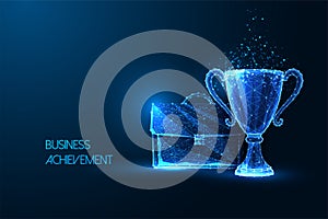 Business achievement, accomplishment, competetive advantage futuristic concept on blue background