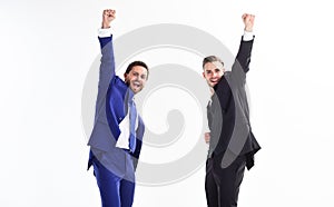 Business achievement concept. Business success. Office party. Celebrate successful deal. Men happy emotional celebrate photo