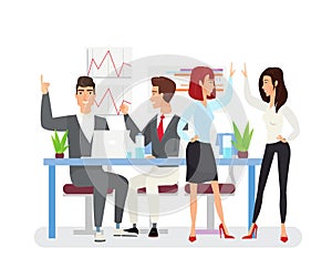Business achievements flat vector illustration. Young coworkers happy with successful project. Top managers celebrate photo