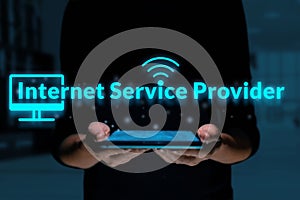 Business acronym ISP or Internet Service Provider. Person holding a tablet