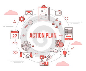Business action plan concept with icon set template banner with modern orange color style and circle shape