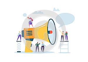 Business Advertising Promotion. Loudspeaker Talking to the Crowd. Big Megaphone and Flat People Characters Advertisement