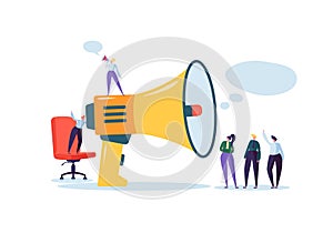 Business Advertising Promotion. Loudspeaker Talking to the Crowd. Big Megaphone and Flat People Characters Advertisement