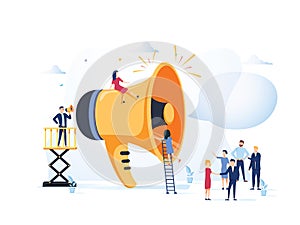 Business Advertising Promotion. Loudspeaker Talking to the Crowd. Big Megaphone and Flat People Characters Advertisement