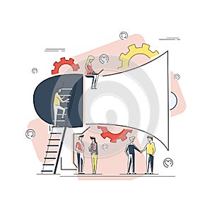 Business Advertising Promotion. Loudspeaker Talking to the Crowd. Big Megaphone and Flat People Characters Advertisement