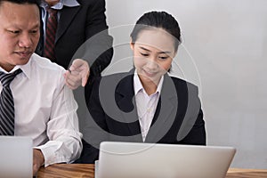 business adviser analyzing company financial report. professional investor discussing balance sheet data. businessman &