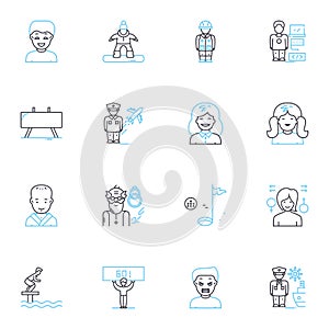 Business advising linear icons set. Consultancy, Strategy, Analysis, Planning, Coaching, Guidance, Solutions line vector