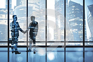 Business agreement concept with businessmen handshaking dark silhouettes and view on megapolis skyscrapers