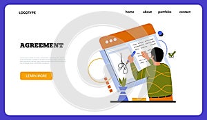 Business agreement landing page. Contract signature. Man signing document on laptop or digital tablet. Electronic