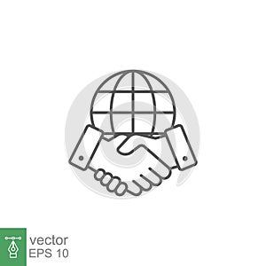 business agreement Line icon style . Hand shake with globe for deal contract