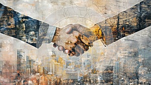 Business Agreement in a Modern City, Handshake Over Cityscape. Silhouettes of people on an abstract city background. Modern