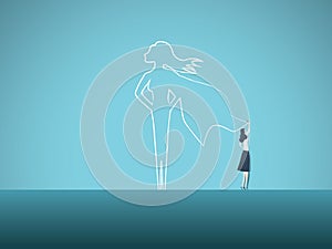 Business ambition and motivation vector concept with businesswoman drawing superhero on wall. Symbol of confidence