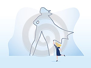 Business ambition and motivation vector concept with businesswoman drawing superhero on wall. Symbol of confidence