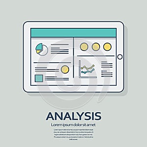 Business analysis background with tablet computer devices and line art icons responsive design. Presentation graphs