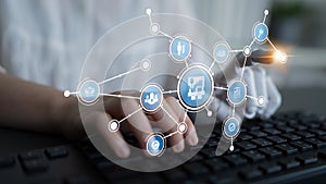 Business analysis concept with digital technology, graphs, and data visualization on a keyboard in an office environment