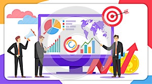 Business analysis concept. A group of people is exploring a new business infographic. Vector illustration.