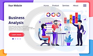 Business Analysis concept, People sitting on desk work with charts and graphic data visualization. Modern flat web page design for