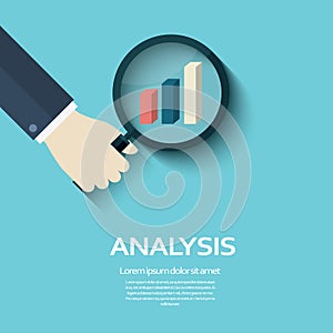 Business analysis concept symbol with hand holding magnifying glass and looking at graph sign.