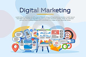 Business analysis. Digital marketing concept. Social network and media communication. Development of marketing strategy. Banner in