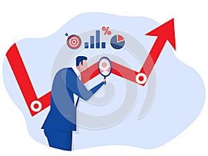 Business analysis graph and chart, businessman analyst holding magnifying glass analyze the graph loss