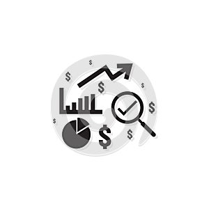 Business analysis icon. symbol with magnifying glass. rising bars chart. dollar increase revenue. Money symbol with arrow. finance