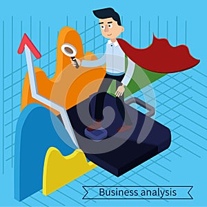 Business Analysis Isometric Concept with Super Businessman