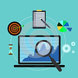 Business analysis, laptop, magnifier, target, hourglass photo