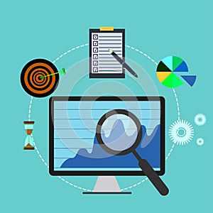 Business analysis, monitor, magnifier, target, hourglass photo