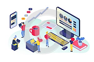 Business analysis at office, isometric vector illustration. Teamwork developing successful strategy, marketing growth