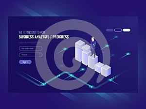 Business analysis and progress concpet, businessman, schedule of data, strategy isometric, chart moves up, vector photo