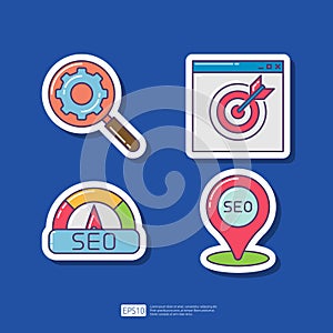 Business analysis and Setting with magnifying glass gear, ads target, Internet speed performance measurement, local SEO. Search