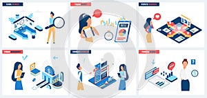 Business analysis of stock market trends set, people research, analyse report graph