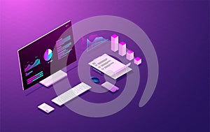 Business analysis system on computer laptop and graph screen, web development and coding vector