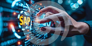 Business Analyst Displaying SAP System for Integrated Business Solutions and Operations Management in a Holographic Projection