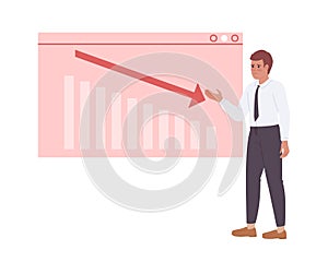 Business analyst representing sales chart decline on board flat concept vector spot illustration