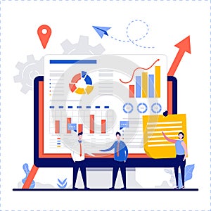 Business analysts teamwork with tiny character. People develop a strategy to increase sales using computer with diagrams and