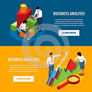 Business analytics banners in isometric view