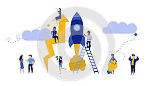 Business analytics in cloud arrow vector leadership company. People challenge teamwork up. Flat job marketing concept illustration