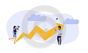 Business analytics in cloud arrow vector leadership company. People challenge teamwork up. Flat job marketing concept illustration