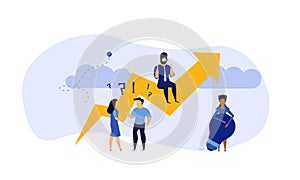 Business analytics in cloud arrow vector leadership company. People challenge teamwork up. Flat job marketing concept illustration
