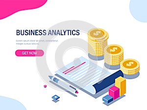 Business Analytics and Coins Stack Isometric Concept.