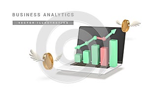 Business analytics concept. 3d illustration statistics finance chart graph analytics. Laptop with flying gold coins in cartoon